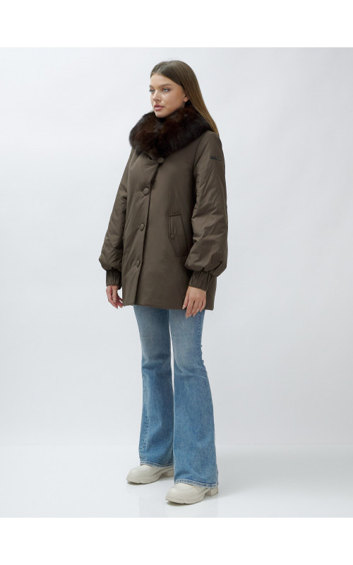 Удлинённый пуховик женский зимний с мехом песца, коричневый. в Тюмени