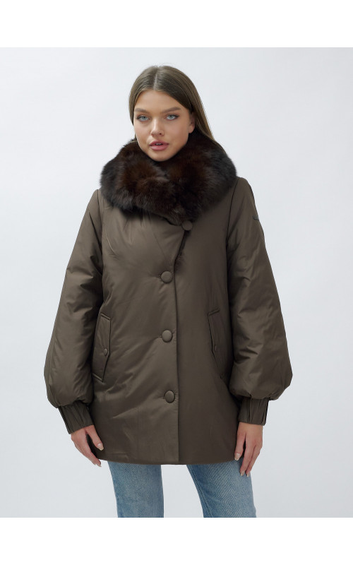 Удлинённый пуховик женский зимний с мехом песца, коричневый. в Тюмени