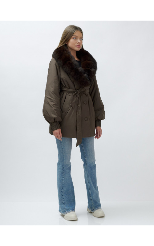 Удлинённый пуховик женский зимний с мехом песца, коричневый. в Тюмени
