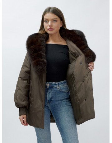 Удлинённый пуховик женский зимний с мехом песца, коричневый. в Тюмени