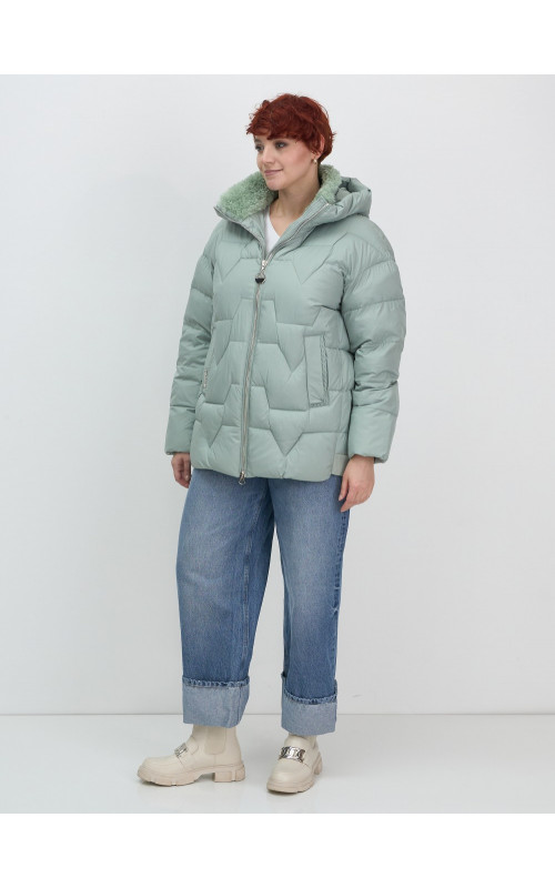 Женский зимний пуховик с эко-овчины, стильный зелёный. в Тюмени