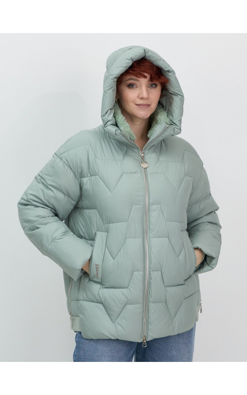 Женский зимний пуховик с эко-овчины, стильный зелёный. в Тюмени