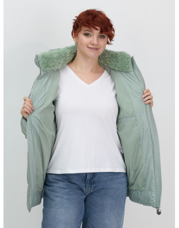 Женский зимний пуховик с эко-овчины, стильный зелёный. в Тюмени