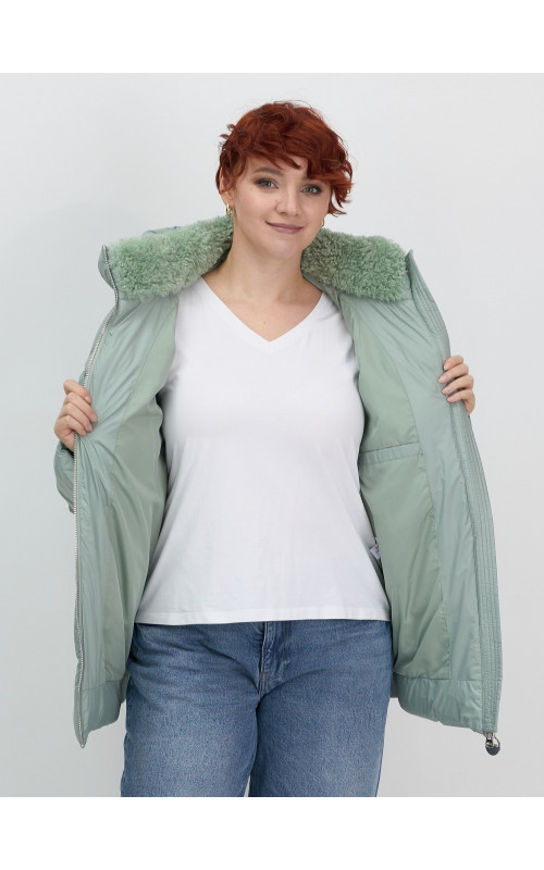Женский зимний пуховик с эко-овчины, стильный зелёный. в Тюмени