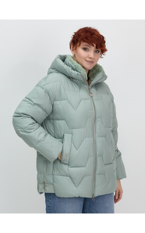 Женский зимний пуховик с эко-овчины, стильный зелёный. в Тюмени