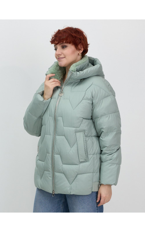 Женский зимний пуховик с эко-овчины, стильный зелёный. в Тюмени