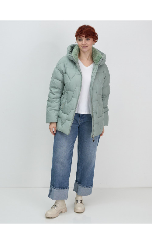 Женский зимний пуховик с эко-овчины, стильный зелёный. в Тюмени