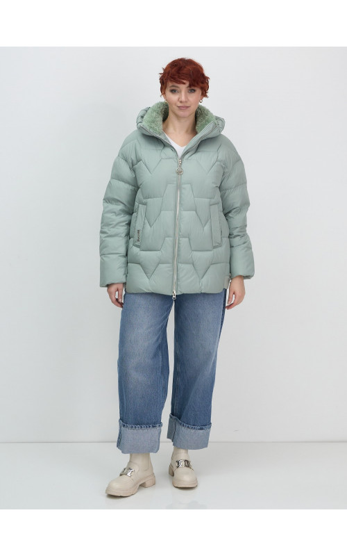 Женский зимний пуховик с эко-овчины, стильный зелёный. в Тюмени