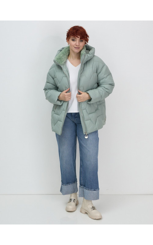 Женский зимний пуховик с эко-овчины, стильный зелёный. в Тюмени