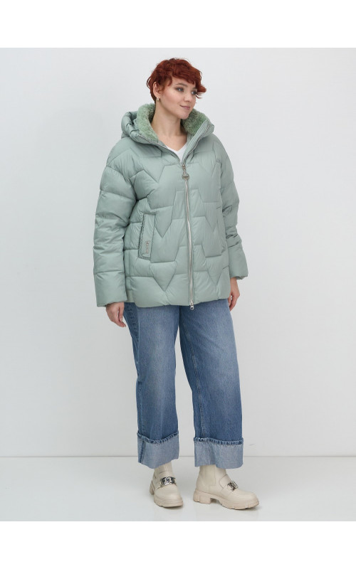 Женский зимний пуховик с эко-овчины, стильный зелёный. в Тюмени
