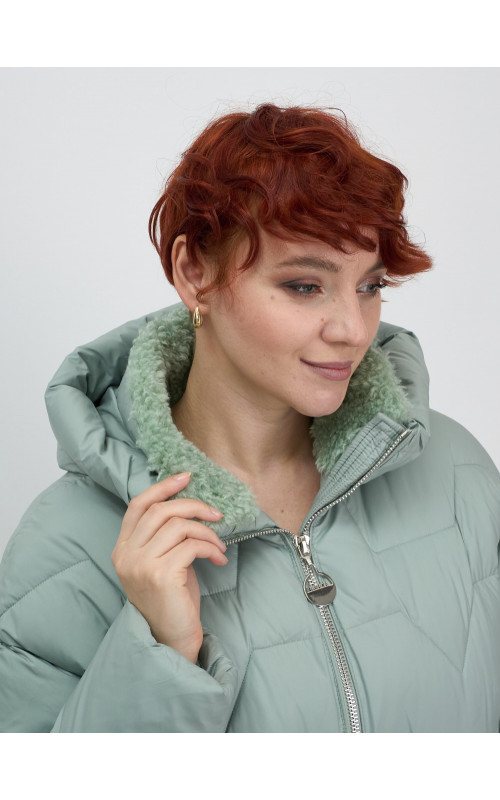Женский зимний пуховик с эко-овчины, стильный зелёный. в Тюмени