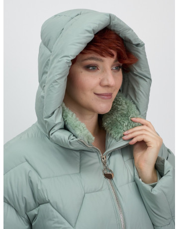 Женский зимний пуховик с эко-овчины, стильный зелёный. в Тюмени