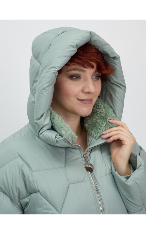 Женский зимний пуховик с эко-овчины, стильный зелёный. в Тюмени
