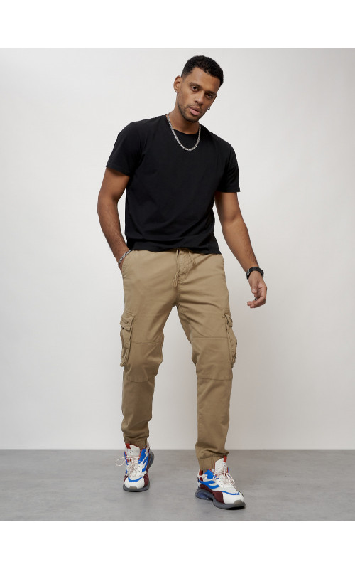 Мужские брюки карго с накладными карманами, бежевые в Тюмени