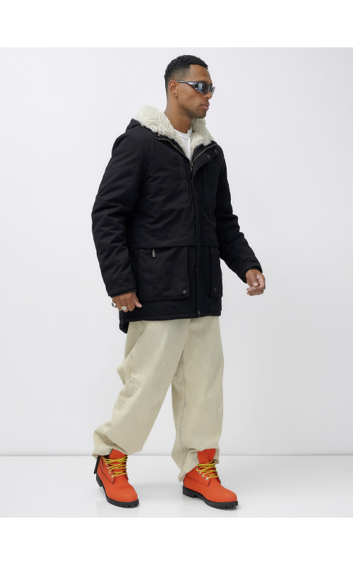 Мужская зимняя парка удлинённая с мехом, чёрная, для холодной погоды в Тюмени