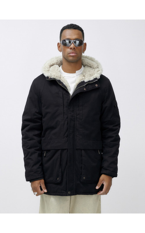 Мужская зимняя парка удлинённая с мехом, чёрная, для холодной погоды в Тюмени