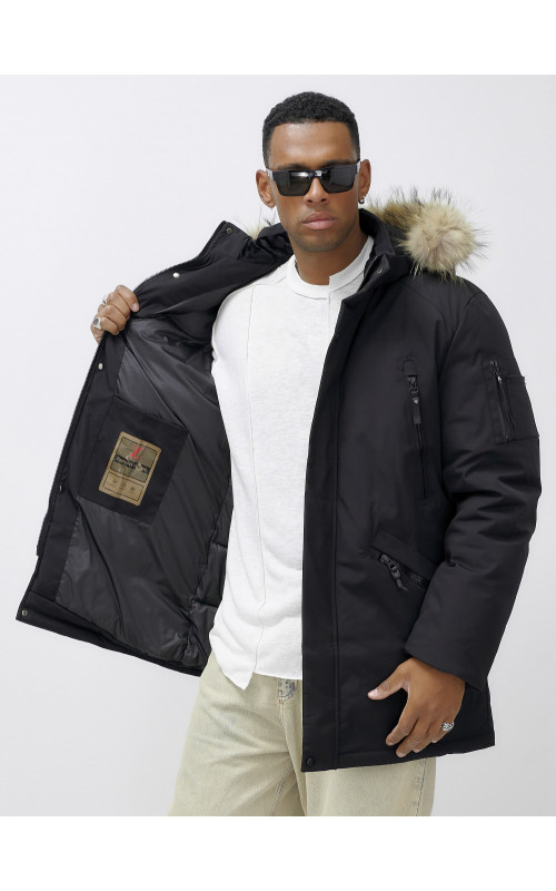 Мужская зимняя удлиненная парка с мехом, чёрная в Тюмени