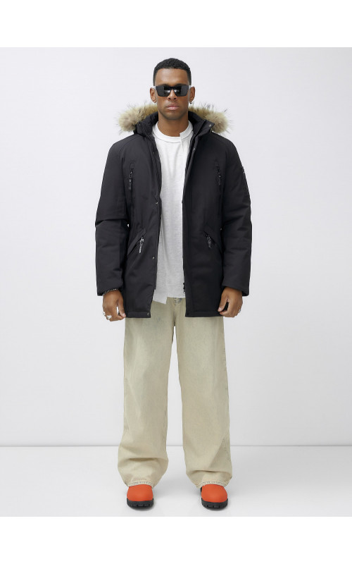 Мужская зимняя удлиненная парка с мехом, чёрная в Тюмени