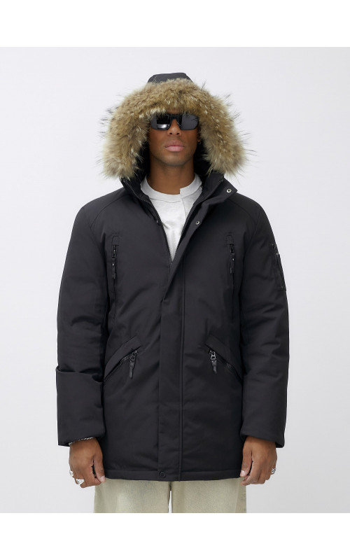 Мужская зимняя удлиненная парка с мехом, чёрная в Тюмени