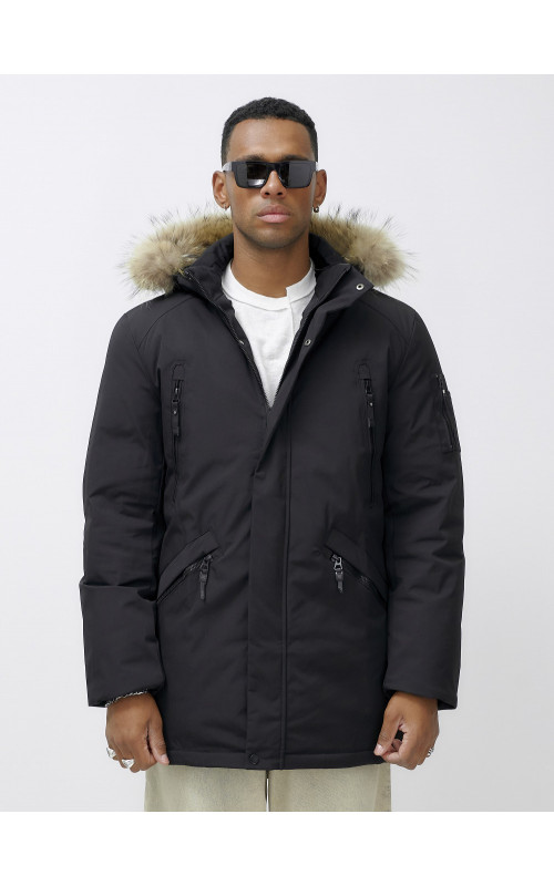 Мужская зимняя удлиненная парка с мехом, чёрная в Тюмени