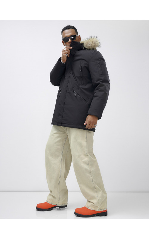 Мужская зимняя удлиненная парка с мехом, чёрная в Тюмени