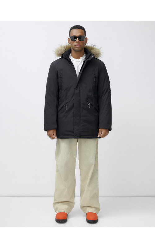 Мужская зимняя удлиненная парка с мехом, чёрная в Тюмени