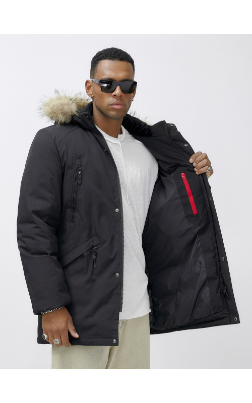 Мужская зимняя удлиненная парка с мехом, чёрная в Тюмени