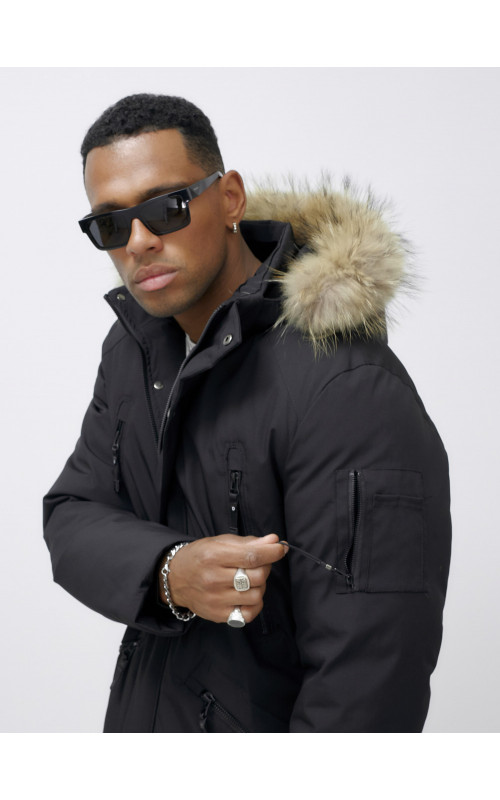 Мужская зимняя удлиненная парка с мехом, чёрная в Тюмени