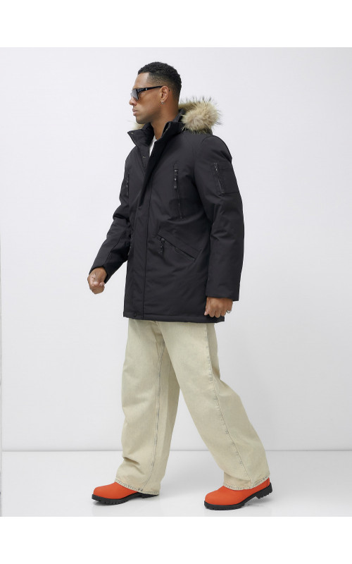 Мужская зимняя удлиненная парка с мехом, чёрная в Тюмени
