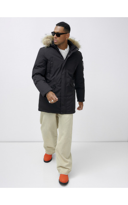 Мужская зимняя удлиненная парка с мехом, чёрная в Тюмени