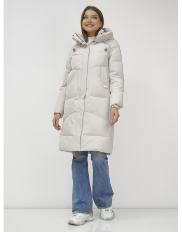 Женский зимний пуховик с капюшоном, удлинённый, бежевый. в Тюмени