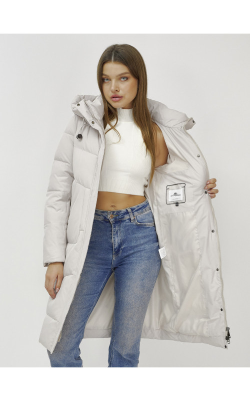 Женский зимний пуховик с капюшоном, удлинённый, бежевый. в Тюмени