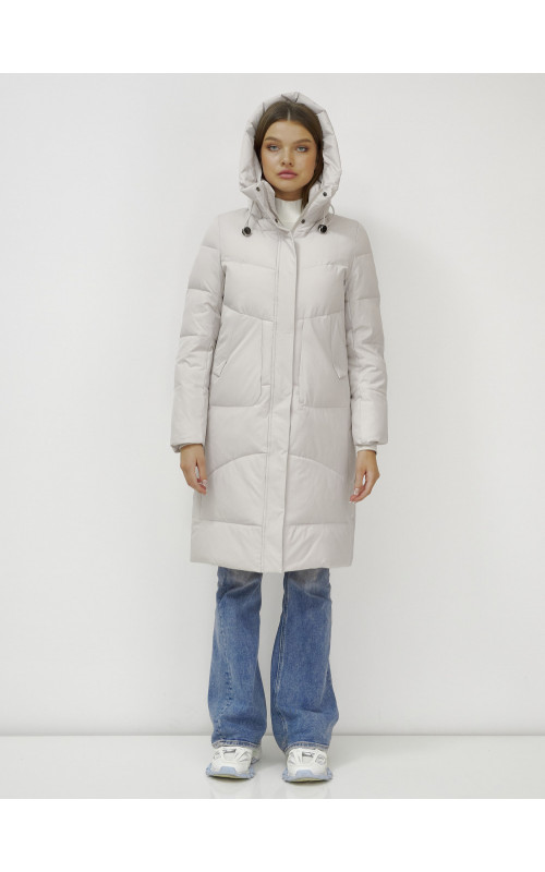 Женский зимний пуховик с капюшоном, удлинённый, бежевый. в Тюмени