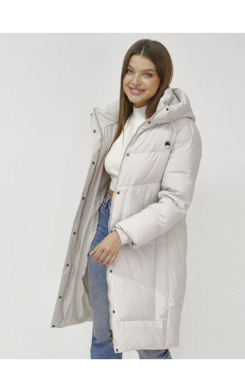 Женский зимний пуховик с капюшоном, удлинённый, бежевый. в Тюмени