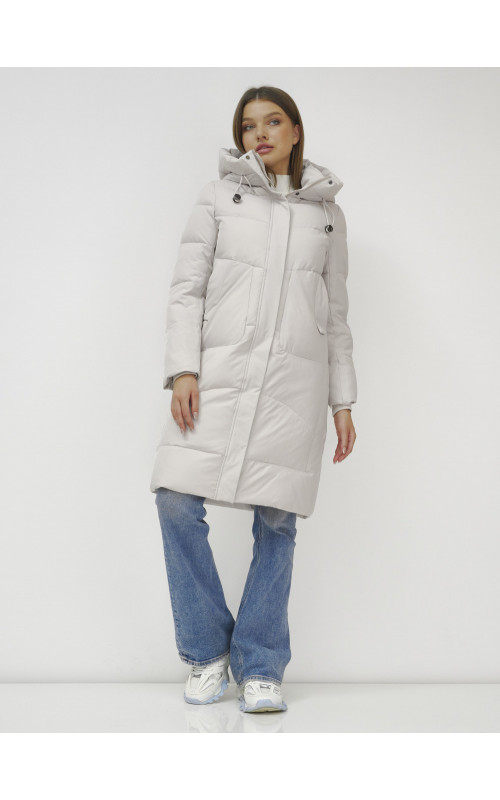 Женский зимний пуховик с капюшоном, удлинённый, бежевый. в Тюмени