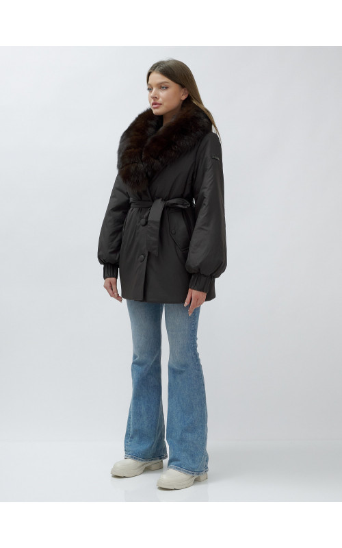 Удлинённый пуховик женский зимний с мехом песца, тёмно-коричневый. в Тюмени