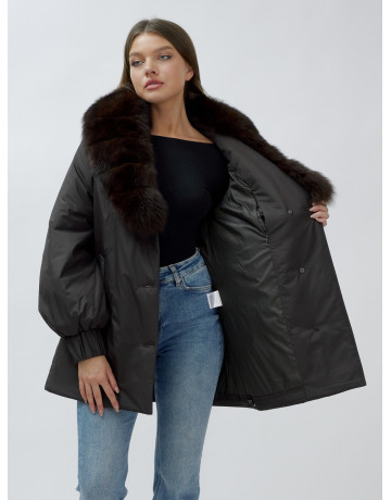 Удлинённый пуховик женский зимний с мехом песца, тёмно-коричневый. в Тюмени