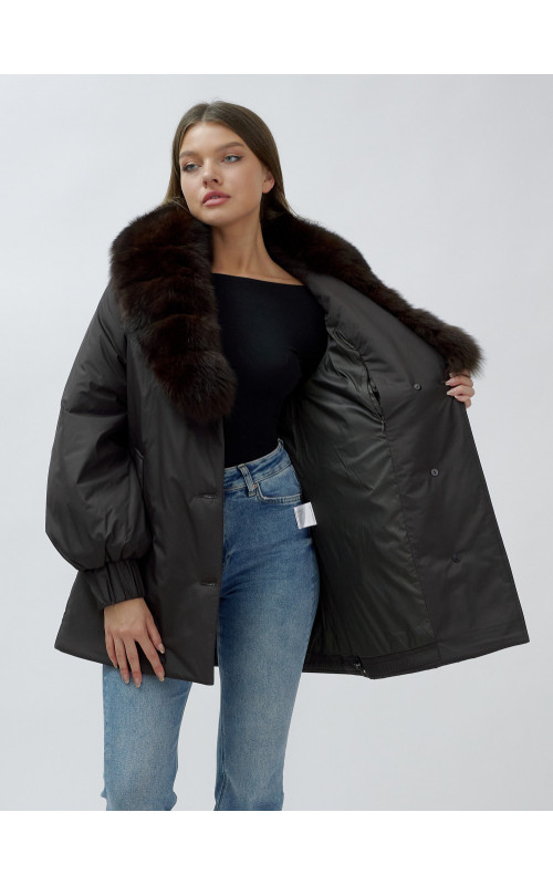 Удлинённый пуховик женский зимний с мехом песца, тёмно-коричневый. в Тюмени