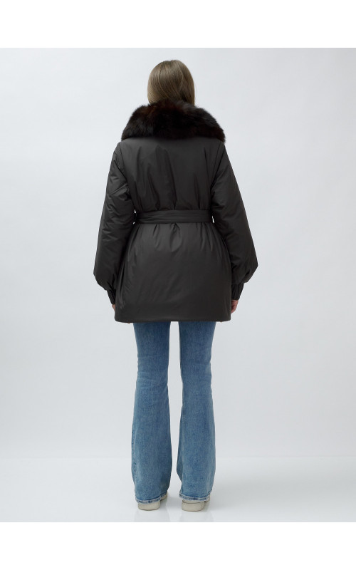 Удлинённый пуховик женский зимний с мехом песца, тёмно-коричневый. в Тюмени