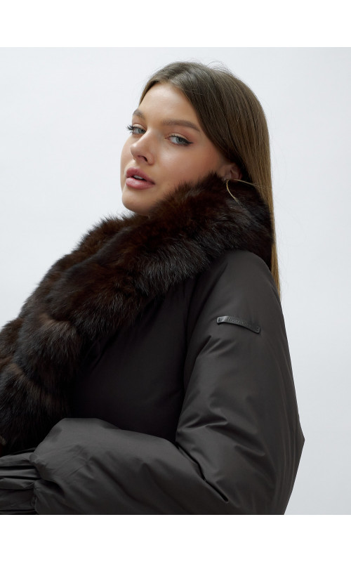 Удлинённый пуховик женский зимний с мехом песца, тёмно-коричневый. в Тюмени