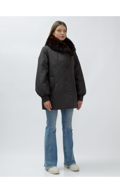 Удлинённый пуховик женский зимний с мехом песца, тёмно-коричневый. в Тюмени