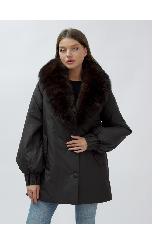 Удлинённый пуховик женский зимний с мехом песца, тёмно-коричневый. в Тюмени