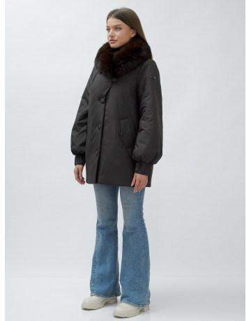 Удлинённый пуховик женский зимний с мехом песца, тёмно-коричневый. в Тюмени