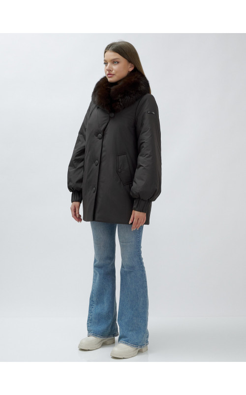 Удлинённый пуховик женский зимний с мехом песца, тёмно-коричневый. в Тюмени