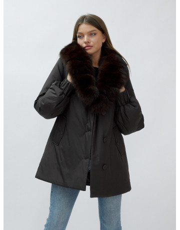 Удлинённый пуховик женский зимний с мехом песца, тёмно-коричневый. в Тюмени