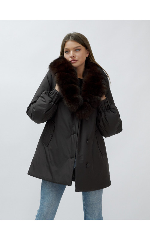 Удлинённый пуховик женский зимний с мехом песца, тёмно-коричневый. в Тюмени