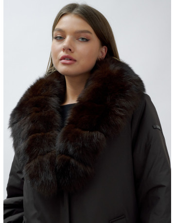 Удлинённый пуховик женский зимний с мехом песца, тёмно-коричневый. в Тюмени
