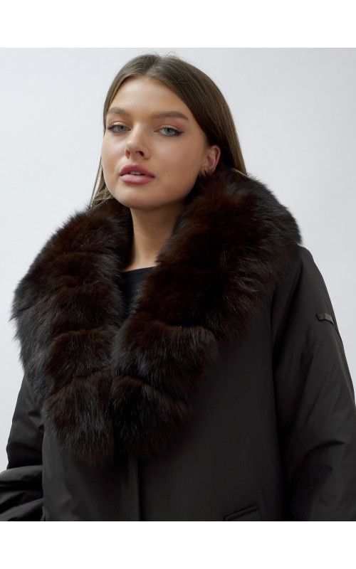 Удлинённый пуховик женский зимний с мехом песца, тёмно-коричневый. в Тюмени