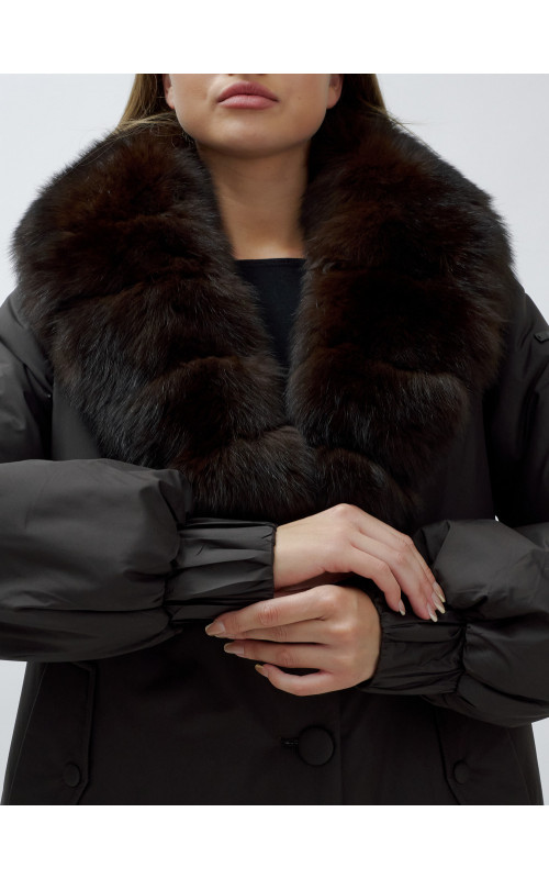 Удлинённый пуховик женский зимний с мехом песца, тёмно-коричневый. в Тюмени
