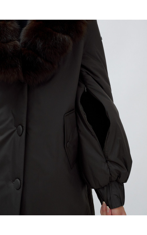 Удлинённый пуховик женский зимний с мехом песца, тёмно-коричневый. в Тюмени